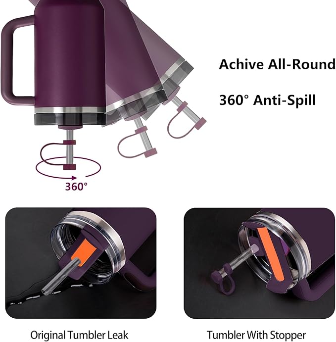 Silicone Spill Stopper Set Compatible with Stanley Cup 2.0 30oz & 40oz with Straw Cover (Set of 2, Plum)