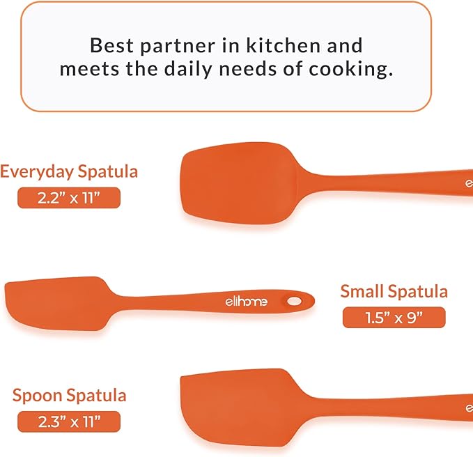 Elihome Chef Series 3 Piece Silicone Spatula Set - 600°F Heat Resistant Non Stick Rubber Kitchen Scraper Spatulas for Cooking, Baking, and Mixing – BPA Free and LFGB Certified Silicone (Orange)