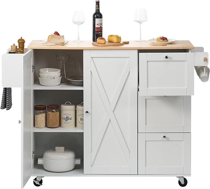 VEVOR Kitchen Island Cart, 45.3x39 inch Rolling Kitchen Table, Mobile Carts with Storage Cabinet and Solid Wood Top, Portable Islands with Wheels, Spice Rack, Towel Rack, Drop Leaf and Drawer, White