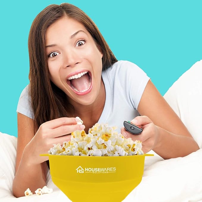 Collapsible Silicone Microwave Hot Air Popcorn Popper Bowl With Lid and Handles (Yellow)