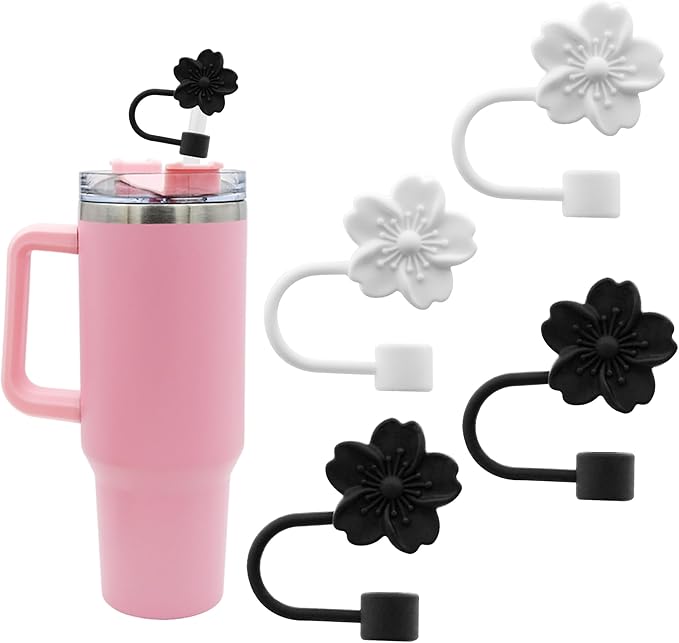 Flower Silicone Straw Cover Cap for Stanley Cup, 10 mm 0.4 in Reusable Topper Tips Lids, Gift for Party Decor (2pcs Black 2pcs White Cherry Blossom)