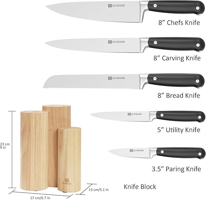 Kitchen Knife Set, Skylark Series 6-Piece High Carbon X50CrMoV15 Steel Professional Chef Knife Set with Solid Wood Block, Unique Design Knife Block Set, Dishwasher Safe, Elegant Black