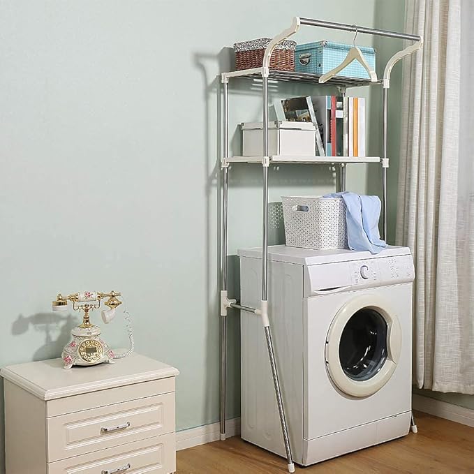 BAOYOUNI Over The Toilet Storage Shelf Units Bathroom Organizer Above Washer Dryer Space Saver Standing Rack 2-Tier 25.78 W X 19.48 D X 68.11 H Inches, Ivory