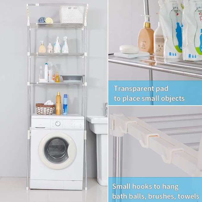 BAOYOUNI Adjustable Laundry Shelf Over Toilet Washing Machine Storage Rack Above Washer Dryer Standing Bathroom Organizer 3-Tier Space Saving Shelving Units, Ivory