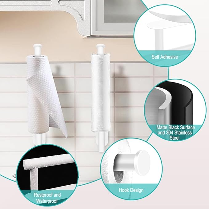 MGahyi Paper Towel Holder Wall Mount, Self Adhesive Or Drilling Under Cabinet Kitchen, 13.2 inch Stainless Steel Paper Towel Roll Rack, Towel Roll Hanger for Bathroom(Rectangle-White, Rectangle)