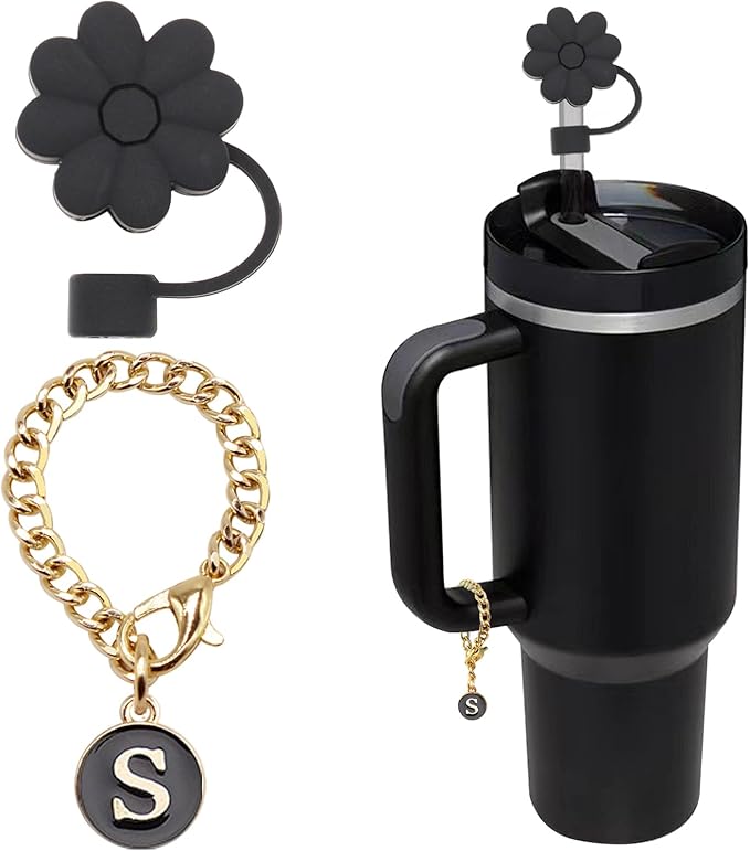 Stanley Cup Accessories, 1pc Flower Stanley Straw Cover Silicone Straw Topper for Stanley 30&40 oz Tumbler with Handle and 1pc Initial Letter Charm for Stanley Cup (Letter S)