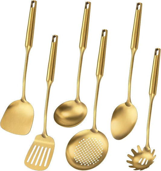304 Stainless Steel Cooking Utensil,Kitchen Utensil with Spatula, Solid Spoon, Ladle, Skimmer, Spaghetti Spoon, 6 Piece Set, Dishwasher Safe(Gold)