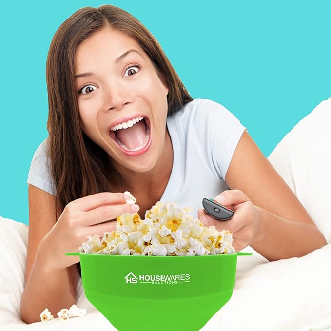 Collapsible Silicone Microwave Hot Air Popcorn Popper Bowl With Lid and Handles - Green