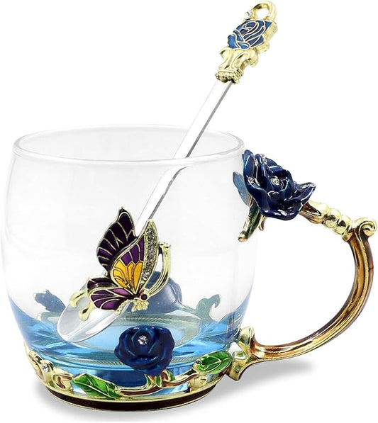 Enamels Butterfly Flower Tea Cup,Glass Coffee Mug,Valentines Mothers Day Graduation Birthday Present Christmas Gifts for Women Mom Her Teacher