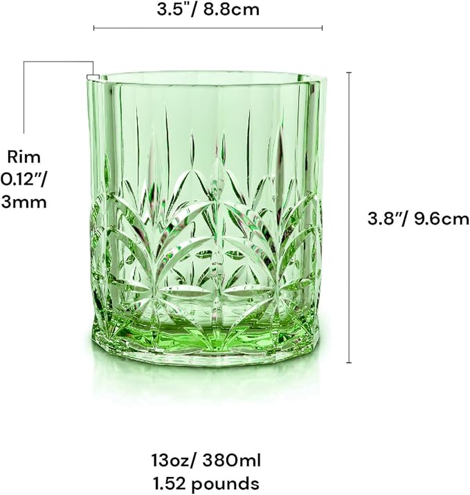 BELLAFORTE Shatterproof Tritan Plastic Short Tumbler, Set of 4, 13oz - Myrtle Beach Unbreakable Crystal Cut Old Fashioned Drinking Glasses for Whiskey - BPA Free - Dishwasher Safe - Green