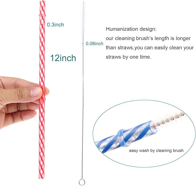 Dakoufish 12 Piece 12 Inch Reusable Plastic Thick Drinking Straws BPA Free Mason Jar Straws Transparent Small Stripe (12inch, Mix 12color)