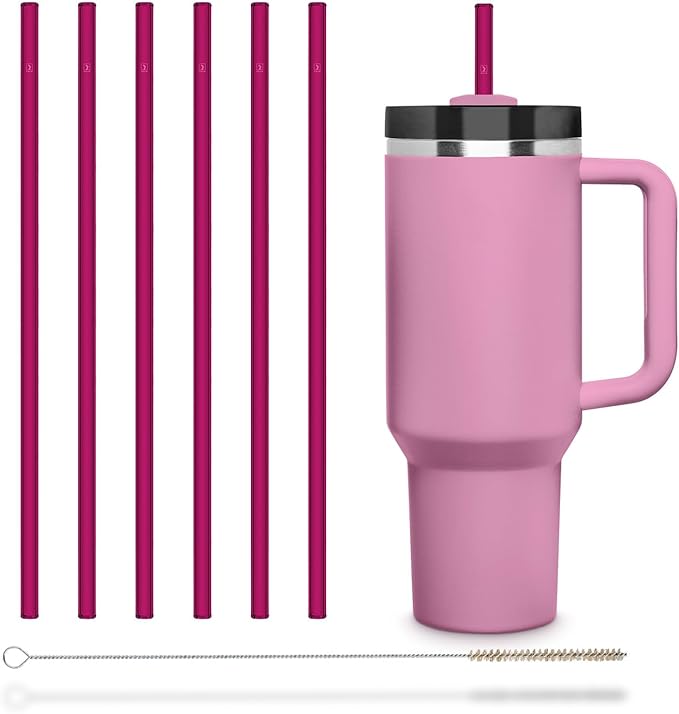 HALM Stanley Quencher Tumbler Glass Straws Pink Reusable Replacement Straws for Tumbler with Handle Stainless Steel Drinking Cup Accessory BPA-Free & Dishwasher Safe