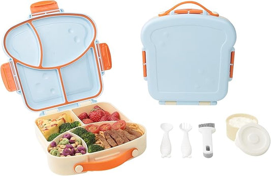 Kids Bento Lunch Box - Toast-Shaped 4-Compartment Lunchable Food Container with Sauce Cup, Utensils & Brush, BPA-Free, Reusable Snack Container with lid, Ideal for School & Travel - Blue