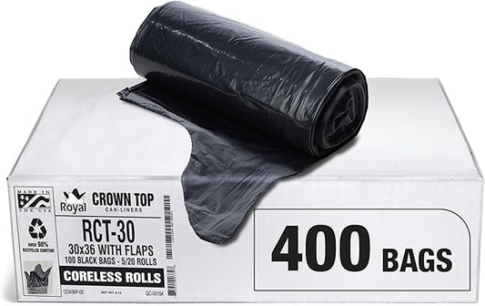 Aluf Plastics RCT-30 Star Sealed Coreless Rolls with E-Z Tie Flap Closure, 30 gal, Polyethylene, 30" x 36", Black (Pack of 400)