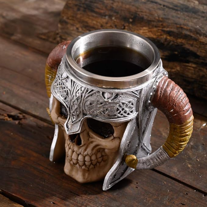 Stainless Steel Double Handle Horn Skull Beer Cup, Viking Warrior Skull Mug Tankard, Medieval Drinkware Mug for Coffee/Beverage/Juice 17oz.