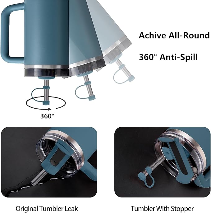 Silicone Spill Stopper Set Compatible with Stanley Cup 2.0 30oz & 40oz with Straw Cover (Set of 2, Blue Spruce)