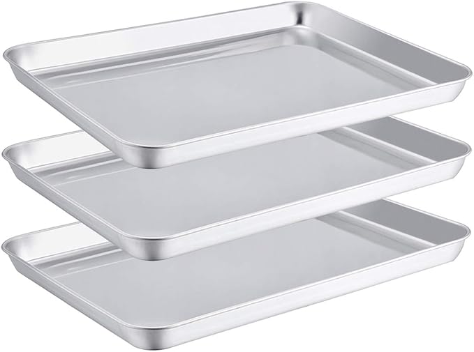 TeamFar Toaster Oven Pans, Stainless Steel Compact Baking Roasting Tray, 10.5 x 8 x 1 Inch, Healthy &Heavy Duty, Deep Edge & Mirror Surface, Dishwasher Safe - Set of 3