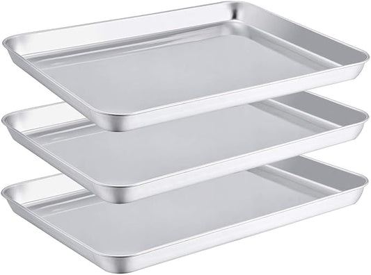 TeamFar Toaster Oven Pans, Stainless Steel Compact Baking Roasting Tray, 10.5 x 8 x 1 Inch, Healthy &Heavy Duty, Deep Edge & Mirror Surface, Dishwasher Safe - Set of 3