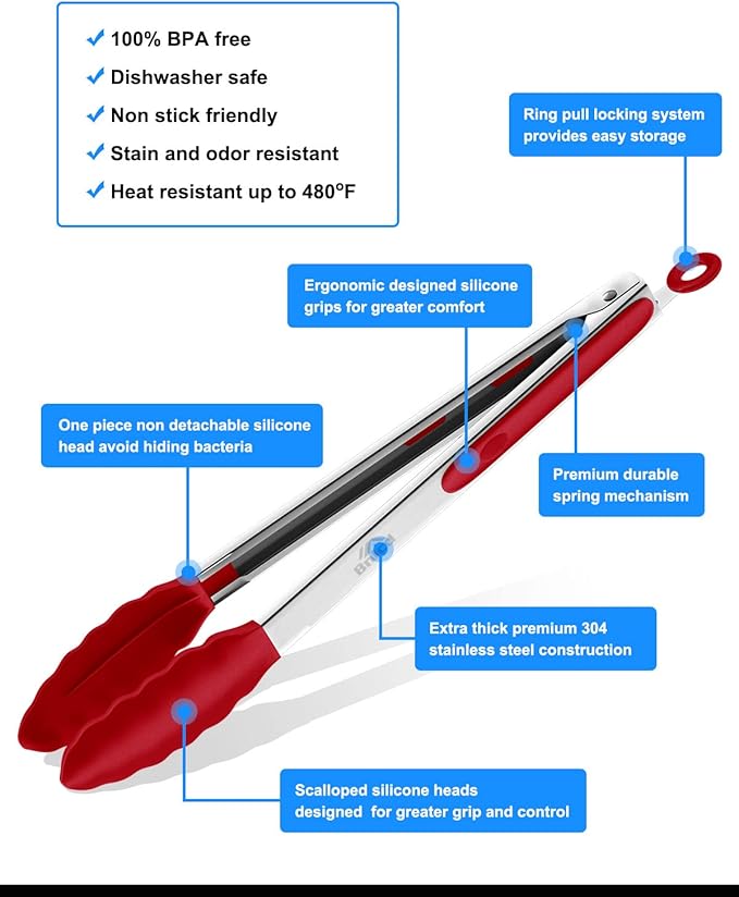 600ºF Heat Resistant Kitchen Tongs, Premium Locking Cooking Tongs with Silicone Tips, Non-Slip Food Tongs for Cooking, Non-Stick, Heavy Duty Stainless Steel Handle, Set of 3-7" 9" and 12" Multicolor