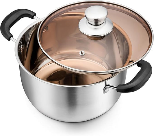 3 Quart Stock Pot with Lid, P&P CHEF Stainless Steel Cooking Pot Stockpot for Soup and Pasta, Heat-proof Handle & Glass Lid, Dishwasher Safe & Non Toxic
