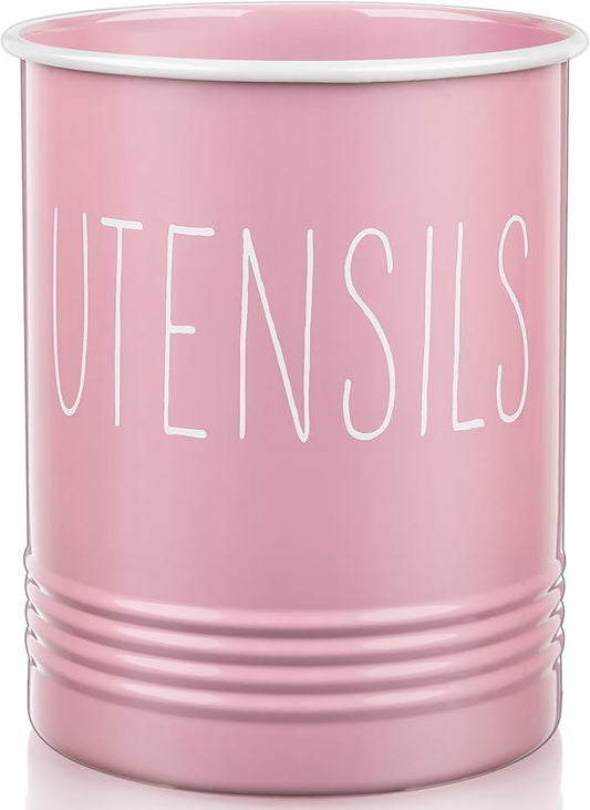 Bivvclaz Kitchen Utensil Holder - 6.7" Utensil Holder for Kitchen Counter - Cooking Utensil Crock with Cork Bottom - Pink Decor and Accessories - Utensil Storage Caddy Organizer