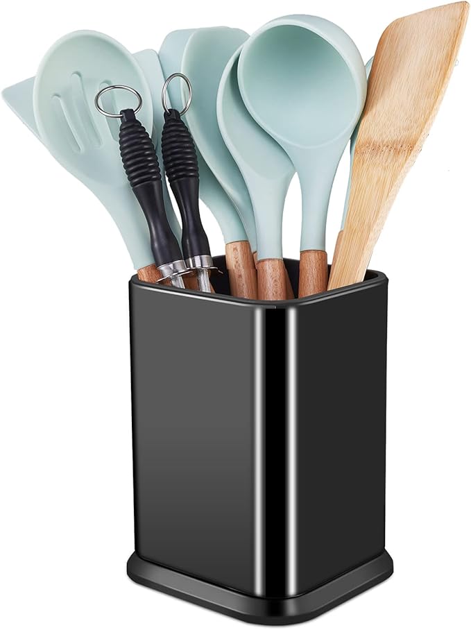 RedCall Stainless Steel Kitchen Utensil Holder for Countertop, Spoon Spatula Organizer,Modern Rectangular Large Cooking Utensil Caddy Counter,Utensil Crock (Stainless Steel Black)