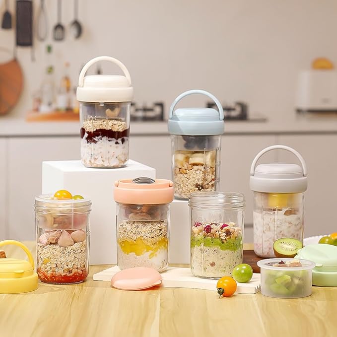 2 Pack Overnight Oats Containers with Lids and Handles, Folding Spoons & Divided Compartments for Fruit & Nuts, 16oz Glass Mason Jars for Oatmeal, Meal Prep & Breakfast (Cream 2pcs)