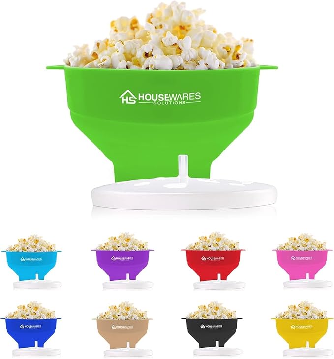 Collapsible Silicone Microwave Hot Air Popcorn Popper Bowl With Lid and Handles - Green