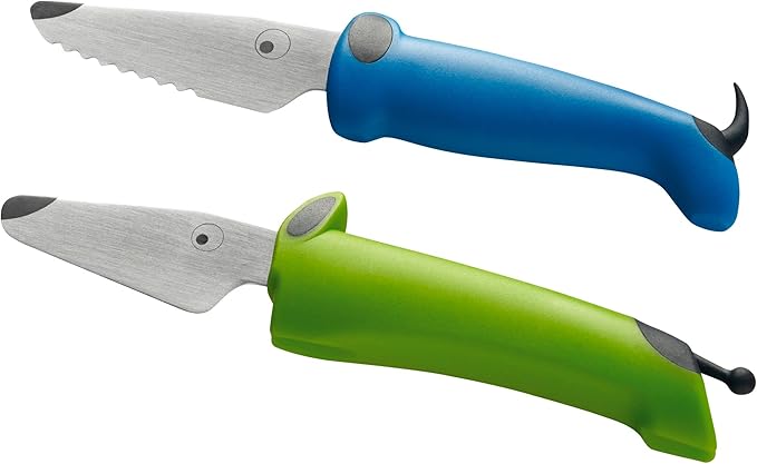 Kuhn Rikon Kinderkitchen® Kids Chef Knife Set 6", 2 Pieces, Green/Blue | Straight Edge & Serrated Knife | Cutting Tool Made for Real Cooking | Child Friendly Dog Design With Hand Guard For Safety