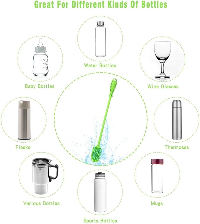 Silicone Bottle Cleaning Brush with Long Handle, 12.5" Water Bottle Cleaner for Baby Bottles, Hydro Flask, Sports Bottle, Vase, Glassware, Perfect for Smaller Diameter Bottle Openings (One Pack)