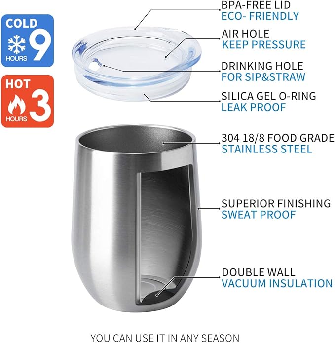 HASLE OUTFITTERS 12oz Wine Tumbler with Lid Stemless Wine Glasses Double Wall Vacuum Travel Mugs stainless steel Coffee Cup for Cold & Hot Drinks Wine Coffee Cocktails Beer 12 Pack Stainless Steel