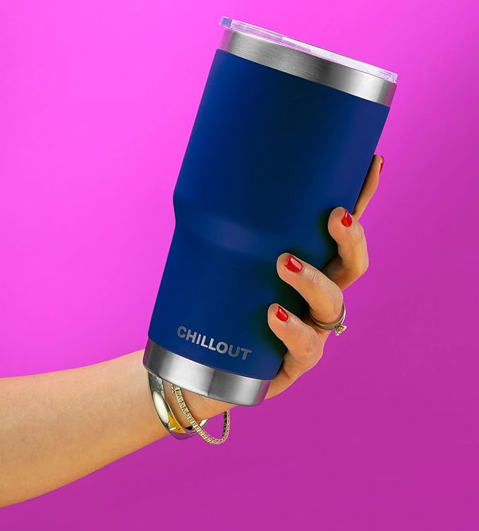 CHILLOUT LIFE Stainless Steel Travel Mug with Handle 30 oz – 6 Piece Set. Tumbler with Handle, Straw, Cleaning Brush & 2 Lids. Double Wall Insulated Large Coffee Mug Bundle (Navy Blue)