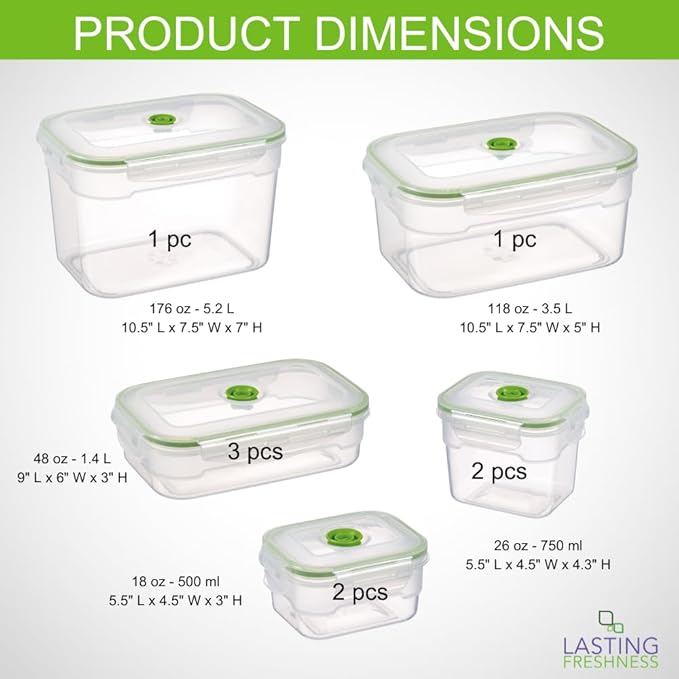 Lasting Freshness Vacuum Seal Food Storage Containers with Hand Pump – BPA-Free Plastic, Airtight Meal Prep & Leftovers Containers, Keep Food Fresh 5X Longer, 19-Piece Set