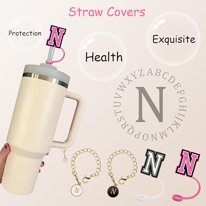 （2+2）2PCS Straw Cover for Stanley Cup 30&40 Oz 10mm Straw Topper with 2PCS Stanley Cup Accessories Letter Charms Name ID Initial Letter Handle Personalized Charm For Stanley Tumbler (Letter N)