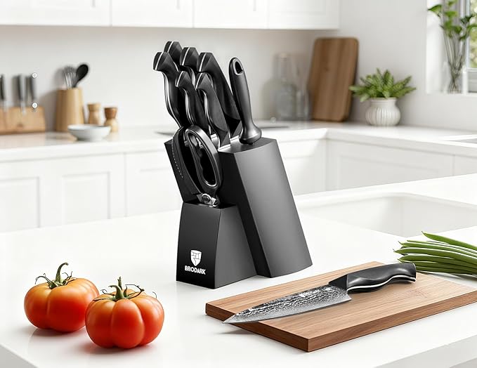 BRODARK Knife Set, Damascus Kitchen Knife Set with Block, 9 Pieces Sharp Professional Japanese Chef Knives with Ergonomic Full-Tang ABS Handle for Home, Restaurant -Christmas Gift, Dark Horse Series