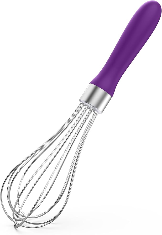 U-Taste 9" Small Egg Whisk: 18/10 Stainless Steel Kitchen Cooking Wire Balloon Wisk, Heavy Duty Metal Beater Stirrer, Manual Baking Tool with 6 Flex Wires for Hand Mixing, Blending Sauce (Purple)