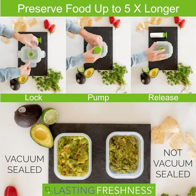 Lasting Freshness 11 piece Vacuum Seal Food Storage Containers with Vacuum Pump, Airtight and Leak Proof, Vacuum Sealed Food Storage Containers, Meal Prep Containers, Keep Food Fresh up to 5 X Longer