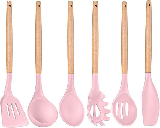 P&P CHEF Cooking Utensils Set, 6 PCS Kitchen Utensils with Wooden Handle, Silicone Spatula for Nonstick Cookware, Easy Clean & Non-toxic, Pink