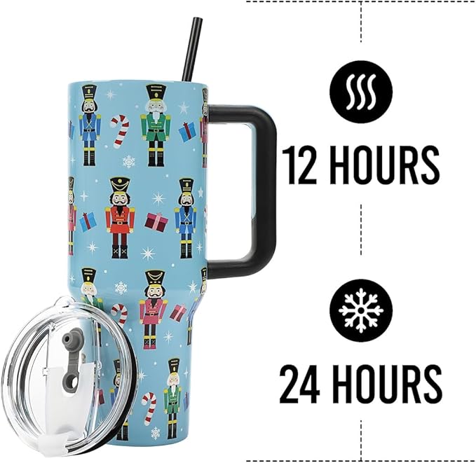 Bioworld Nutcrackers Vacuum Insulated 40 Oz. Stainless Steel Tumbler with Reusable Straw & Leak-Proof Lid, Easy Carry Handle for Travel or Home