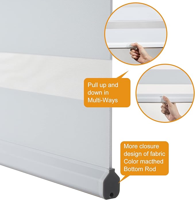 Persilux Cordless Zebra Blinds for Windows Free-Stop Window Blinds (35" W X 47" H, White) Dual Layer Light Control for Day and Night, Light Filtering Sheer Shades for Home, Bedroom, Easy to Install