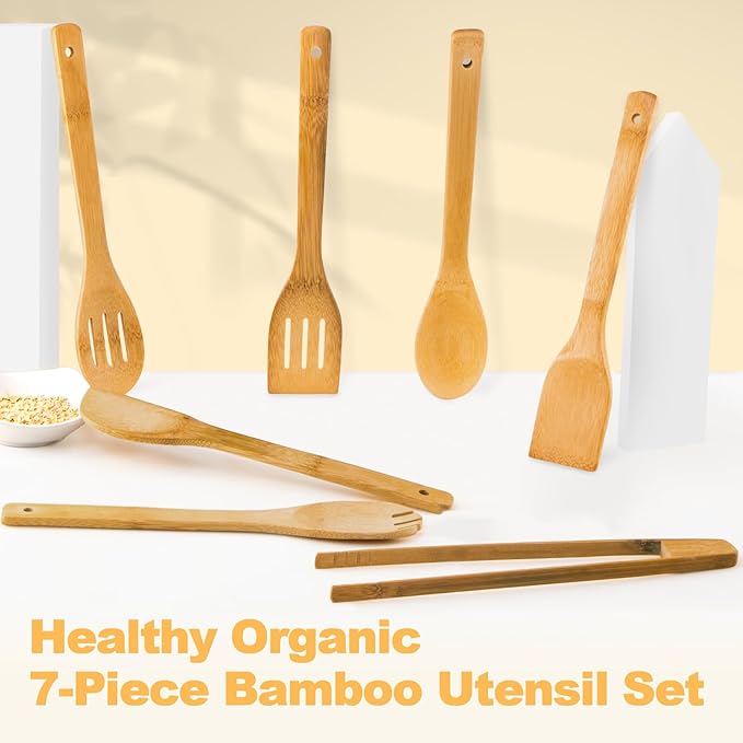 Wooden Spoons for Cooking 7-Piece, Kitchen Nonstick Bamboo Cooking Utensils Set, Carbonized Bamboo Durability Spatula Spoon for Everyday Use