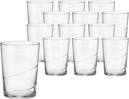 Bormioli Rocco Bodega Swirl Gin Fizz Glasses - Set of 12, 17 Oz. Spiral Design Tumblers with Secure Edge Reinforced Rims - Ideal for Tall Cocktails, Beer, Soft Drinks - Made in Italy, Dishwasher Safe