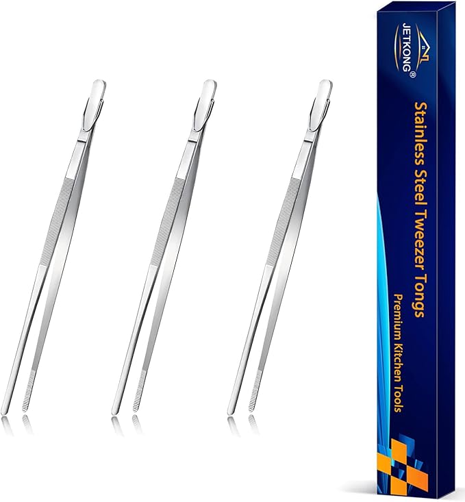 JETKONG 7 Inch Tweezers Tongs Mini Kitchen Food Tweezers Small Cooking Thin Tongs, Set of 3 (7 7 7 Inch, Silver)