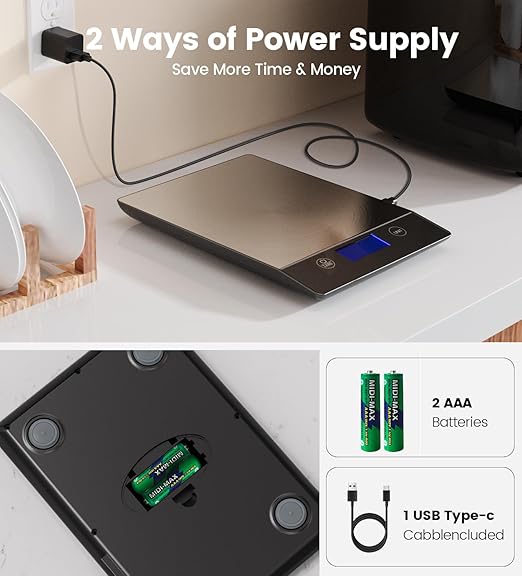 AZC 250mAh Rechargeable Food Scale，0.1oz-33lb， 304 Stainless Steel Waterproof Kitchen Scale，Batteries and Type-C Charging Food Scales for Kitchen，Inclined LCD Display