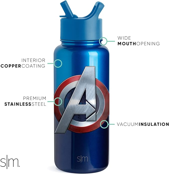 Simple Modern Officially Licensed Disney Marvel Water Bottle with Straw Lid Vacuum Insulated Stainless Steel Metal Thermos | Reusable Leak Proof Flask for Gym, Travel | Summit Collection | 32oz Shield