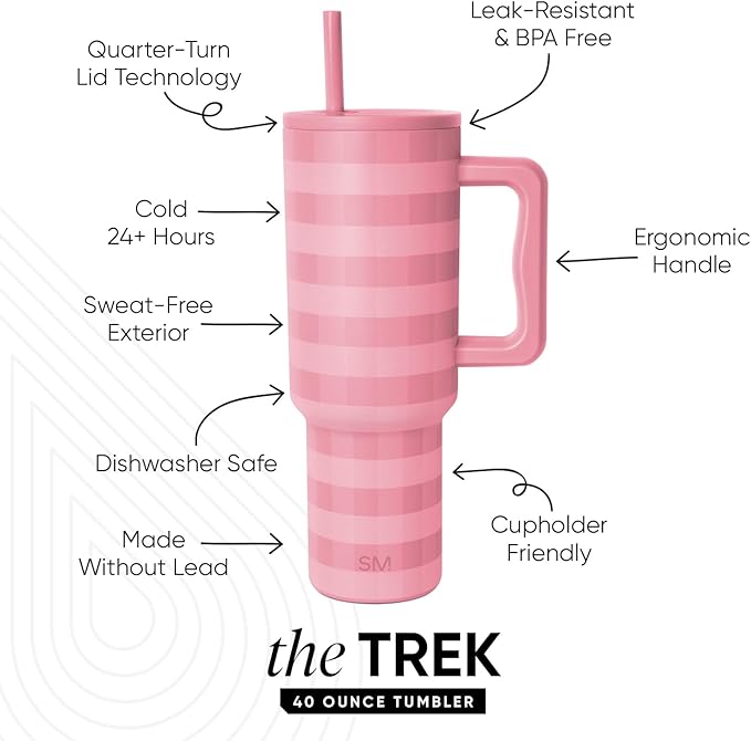 Simple Modern 40 oz Trek Tumbler with Handle and Straw Lid | Cup Holder Friendly Insulated Stainless Steel Travel Mug | Velvet Pink Gingham