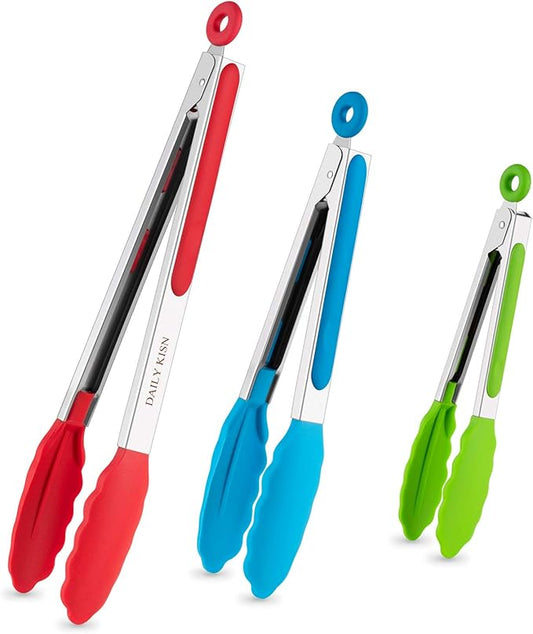 Kitchen Tongs Set of 3, Cooking Tongs with Silicone Tips, Non-Stick Non-Scratch Heat Resistant Tongs for Grilling Cooking BBQ Salad Serving (Multicolor, 7/9/12 Inch)
