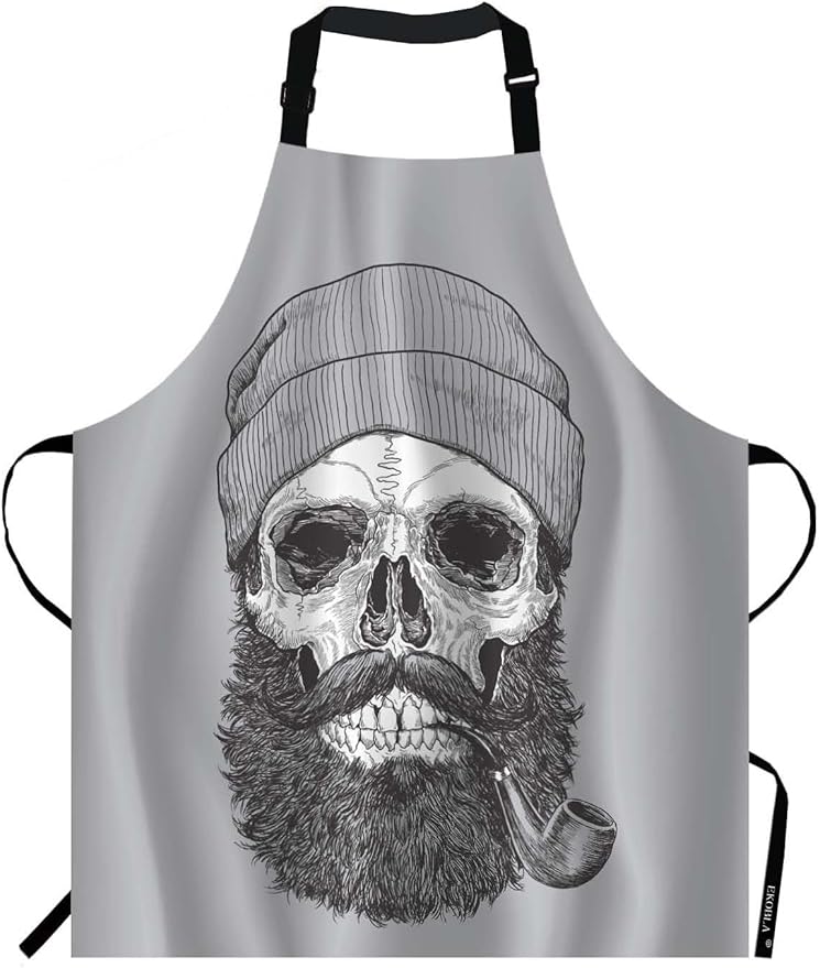 EKOBLA Skull Aprons Sailor Sea Captain Hipster Pipe Beard Skeleton Man Dead Waterproof Resistant Chef Cooking Kitchen BBQ Adjustable Aprons for Women Men 27x31 Inch