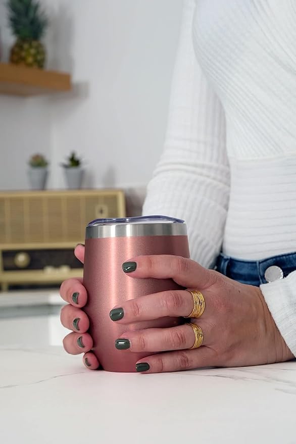 CHILLOUT LIFE 12 oz Stainless Steel Wine Tumbler with Lid - Double Wall Vacuum Insulated Wine Cup Glass Keeping Cold & Hot for Coffee, Champagne, Cocktails, Ice Cream - Rose Gold