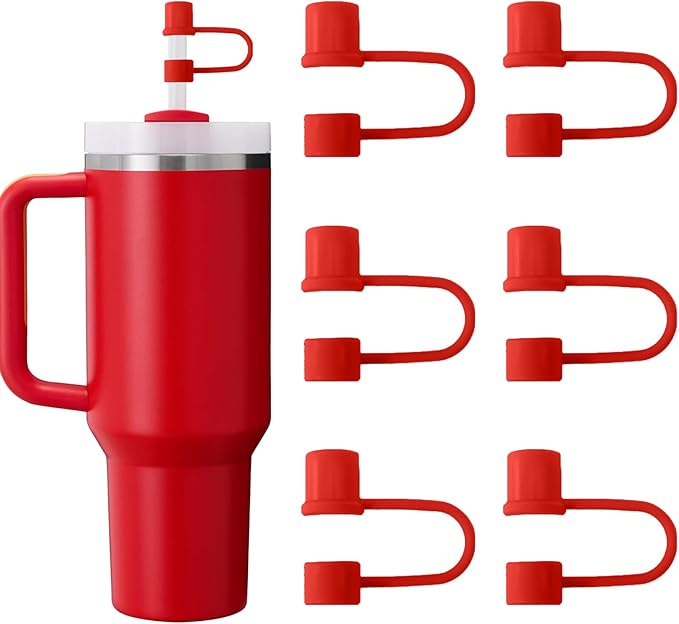 6PCS Silicone Straw Covers Cap Compatible with Stanley Cup 30-40 oz Tumbler with Handle 10mm Straw Toppers Reusable Cover for Stanley Cup Accessories（Red）